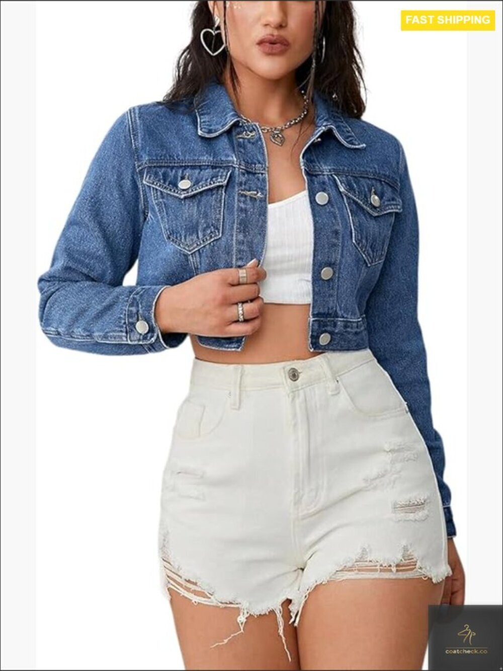 Cropped Denim Jacket Classic Casual Long Sleeve Button Down Regular Fit